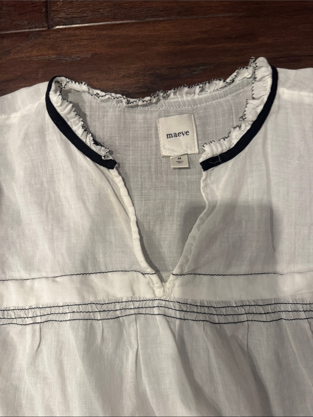 Anthropologie White Cotton Peasant Blouse with Black Trim - Picture 3 of 8